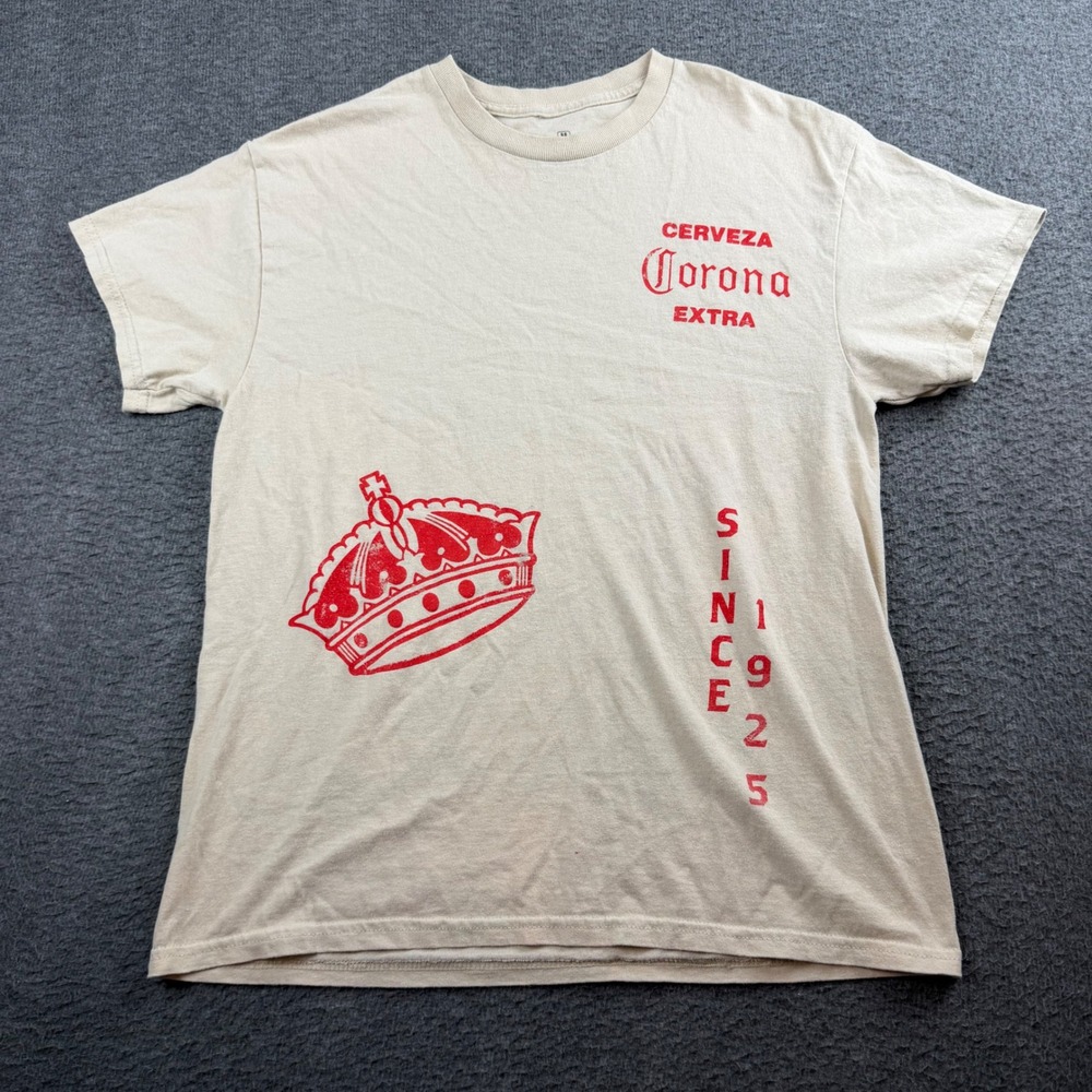 Corona Extra Graphic T-Shirt Men's Medium Cream Red Cerveza Tradicional Beer Tee